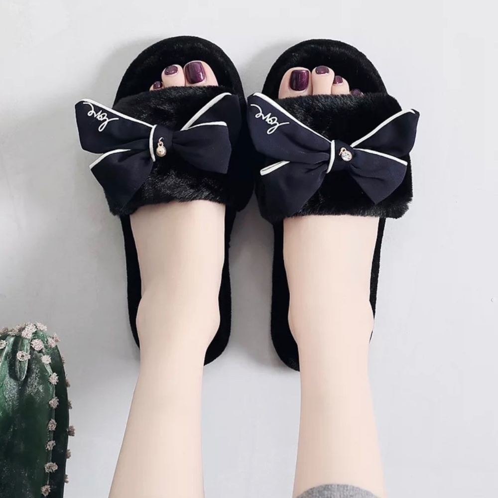 Black Bow faux fur plush slipper wedding gift slipper, Bow is dark Navy Blue